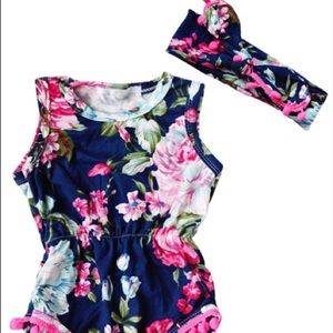 Lovely Floral Pom Pom Romper - dk blue